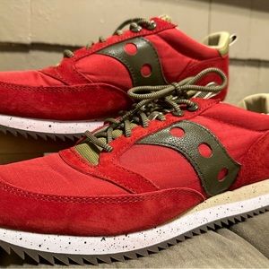 Saucony Jazz 81 in red suede with dark green and tan leather accents new no tags